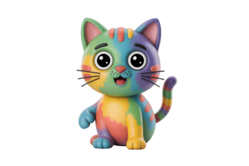 Playful rainbow-colored cat with big eyes and a happy expression, 3D render