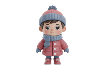 Cute child in winter clothing, pink coat, blue scarf and hat, standing, 3D render
