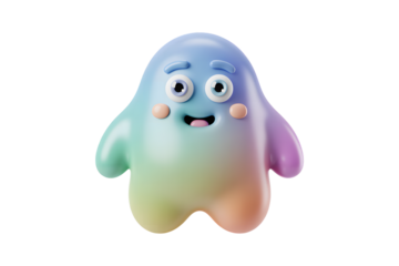 Chubby, friendly rainbow-colored ghost monster with big eyes and a wide smile, 3D render