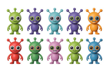 Set of ten colorful cute cartoon aliens, different colors and expressions, isolated on white.