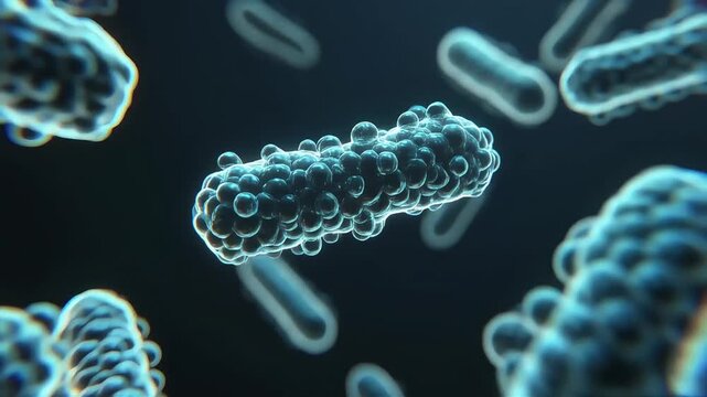 Suspended nano-scale organisms with bioluminescent edges and realistic subsurface scattering, creating a cinematic biotech visual for nanomedicine, life science, and innovation.