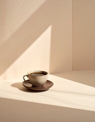 マットな白いコーヒーカップとソーサーを画面端に配置した、無人のミニマルスチルライフ。
背景はほのかな質感のあるニュートラルグレーで、落ち着いた北欧テイストを演出。
柔らかく拡散した自然光が、静かで清潔感のある雰囲気を生み出します。
広告、Web、ライフスタイル、ビジネス用途に使いやすい余白重視の背景素材です。