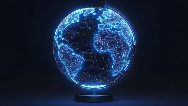 Glowing blue digital earth hologram on dark background - Powered by Adobe