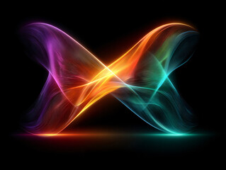 Obraz premium a vibrant, glowing, futuristic X symbol with a rainbow-like color gradient, set against a dark background. The symbol appears to be composed of interconnected, wave-like lines radiating outward.