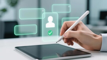 AI recruitment technology system and human resource. Candidates social media business people hiring HR professionals concept with hand holding pen interacting digital tablet for recruitment - Powered by Adobe