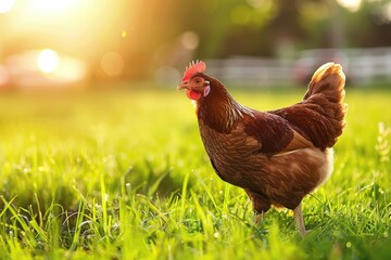 A healthy brown hen walking in tall green grass, morning golden hour backlighting creating rim light on feathers