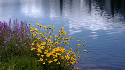 Wildflower lake reflection nature summer yellow bloom wildflower lake reflection nature summer yellow bloom calm water