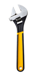 Obraz premium Adjustable wrench with yellow and black handle a versatile tool for plumbing and repair isolated on white background.