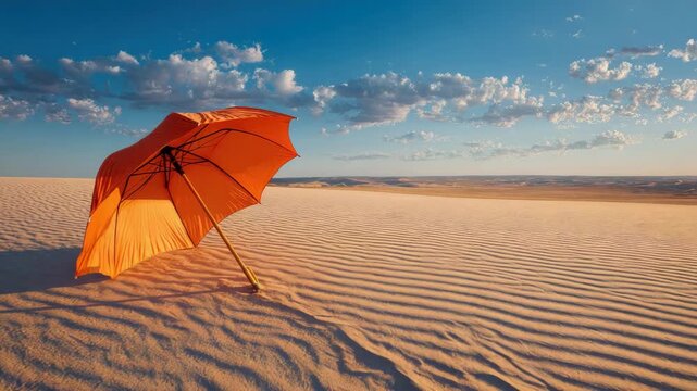 Orange Umbrella on Sand Dunes with Blue Sky and Clouds at Dusk Sunlight Casting Shadows over the Desert Landscape