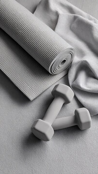Gray yoga or fitness mat rolled up with dumbbells on white background