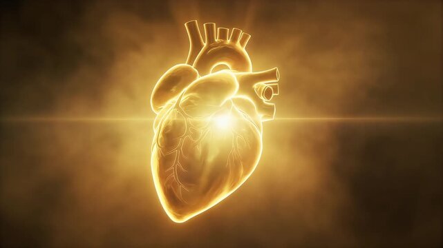 Warm cinematic golden glow illuminating a floating abstract health core in soft fog, creating a premium emotional visual symbolizing vitality, healing, and compassionate wellness care.