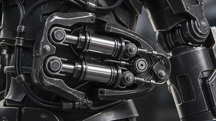 Close-up detail of robotic arm with exposed hydraulic pistons and metal components revealing intricate mechanical engineering on dark industrial background
