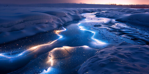 Serene winter scene with winding icy river glowing at dusk