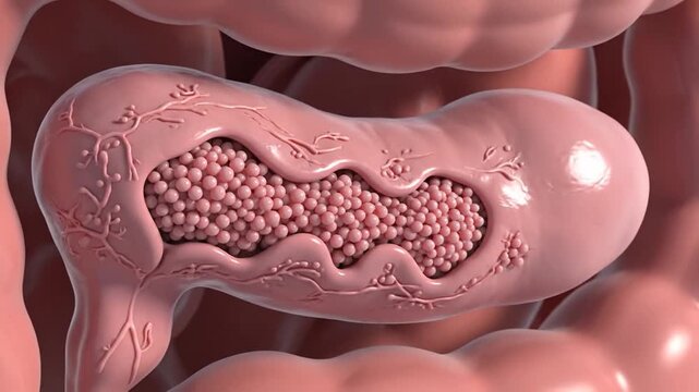 Animation showing the growth of a polyp inside the colon, illustrating the development of