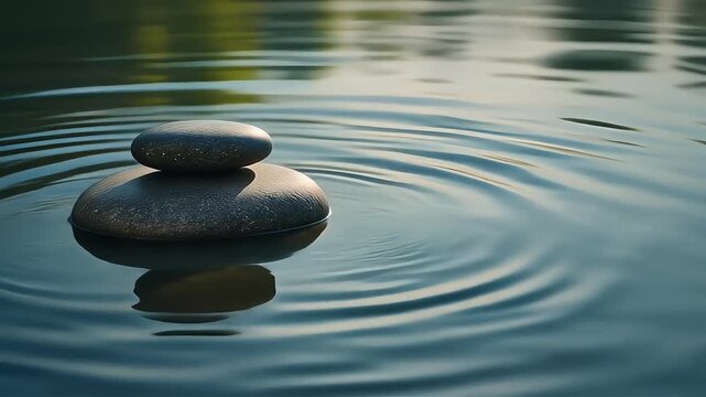 Zen stone resting in still water, creating soft volumetric ripples under cinematic lighting, a serene visual symbol of balance, mindfulness, and deep calm for wellness and spa use.