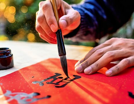 Traditional chinese calligraphy writing fu character on red paper for new year