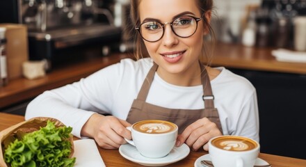 Coffee Shop Ambience: A barista with glasses, apron, and warm smile, proudly presenting two cups of expertly crafted cappuccino drinks within a charming cafe setting.