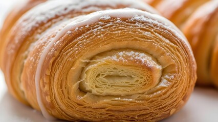 Fototapeta premium Flaky baked croissant dusted with powdered sugar, a sweet and delicious breakfast pastry