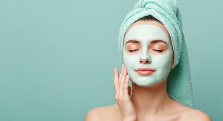 Serenity in Self-Care: A young woman, wrapped in a towel, wears a refreshing facial mask, embracing a moment of calm and self-care. It's a serene scene of skincare and relaxation.
