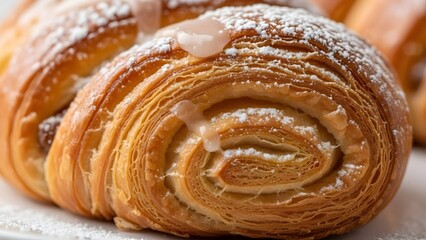 Fototapeta premium Golden brown laminated pastry, beautifully dusted with powdered sugar and a delicate pink glaze, offering a tempting and delicious breakfast or dessert treat