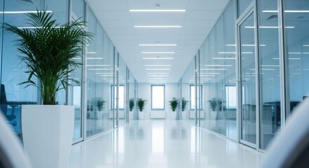 Modern Corporate Corridor: A sleek, modern office corridor with glass walls and minimalist decor creates an atmosphere of professional efficiency and contemporary design.