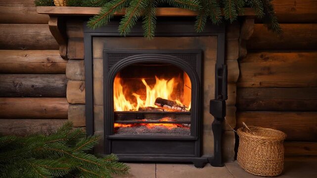 A cozy Christmas fireplace with a roaring fire burning inside a black metal insert surrounded by evergreen branches and a wicker basket in a rustic log cabin with warm tones.