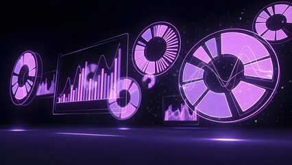 Abstract futuristic user interface background showing charts and data analysis for business intelligence and financial reporting in purple tones with glowing elements
