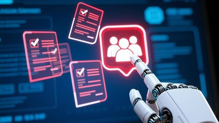 AI recruitment technology system and human resource. Artificial intelligence robot hand selecting candidates social media for business hiring by HR professionals with futuristic technology digital