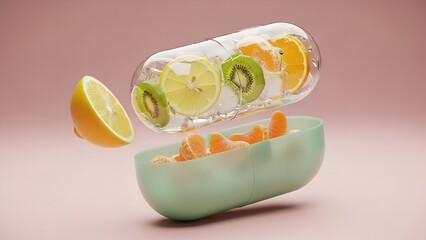 Fresh citrus slices in glass jar with green bowl and flying lemon in soft pastel lighting for healthy eating