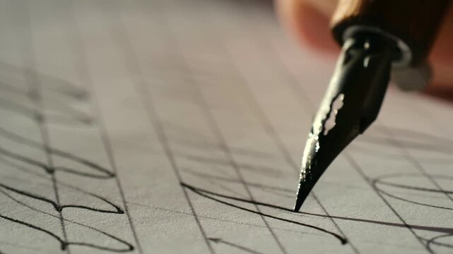 Macro, calligrapher practicing lettering with vintage ink pen on lined paper, detailing precise, elegant strokes of traditional penmanship in brightly lit setting. Calligrapher practicing handwriting