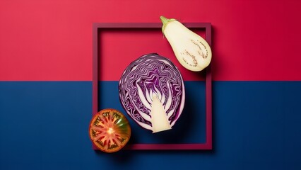 Fresh vegetables in red frame on red and blue background in vibrant colorful lighting for healthy eating