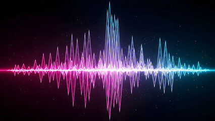 Vibrant glowing sound waves in a symmetrical pattern on a dark background, abstract audio visualization with colorful light frequencies, energetic digital waveform for music and technology