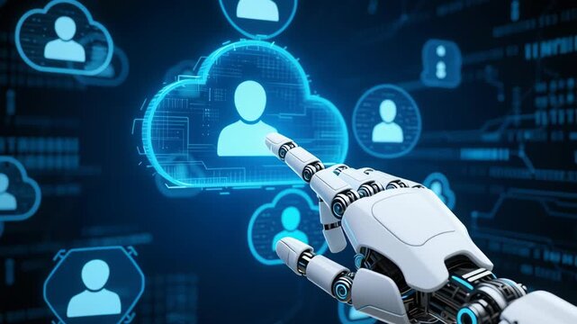 AI recruitment technology system and human resource. Artificial intelligence robot hand pointing cloud icon with people representing social media business hiring candidates HR professionals digital