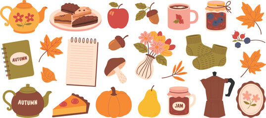 Autumn Season Objects Collection With Food And Drink Items vector illustration © SUMAIA