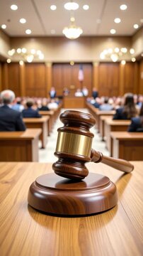 Gavel rests in the foreground of a courtroom filled with jurors during a legal proceeding, showcasing the justice system in action