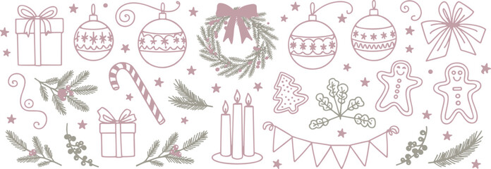 Christmas Holiday Elements Wreath Gifts Ornaments and Gingerbread winter festive