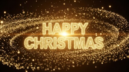 Happy Christmas" golden sparkling text with shimmering particles on dark background