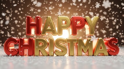 3D Render of 'HAPPY CHRISTMAS' text in gold and red with falling snow and festive bokeh lights