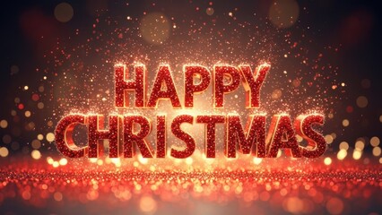 Happy Christmas Red Glitter Text with Sparkling Particles and Bokeh Lights