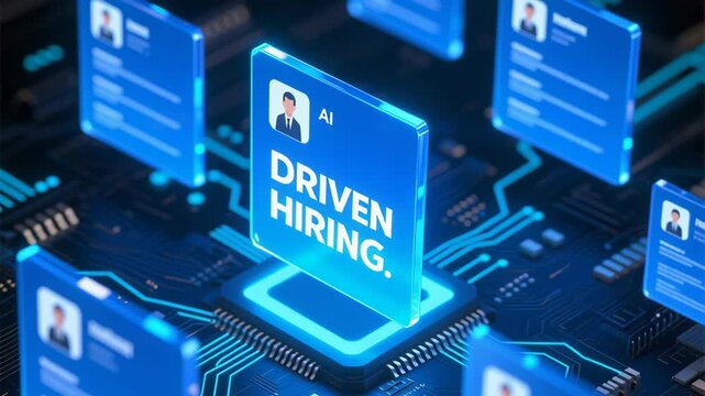 AI recruitment technology system and human resource. AI driven hiring concept leveraging social media and business professionals technology for HR candidates people recruitment digital network