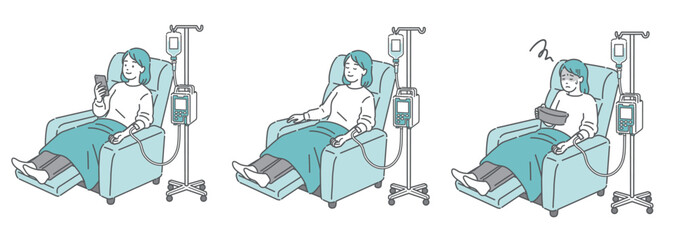 リクライニングで点滴を受ける女性の3点セット（スマホ・睡眠・吐き気）