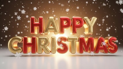 Golden and Red 3D Rendered "HAPPY CHRISTMAS" Text with Falling Snowflakes