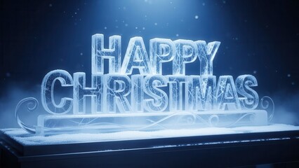 3D Rendered Iced 'HAPPY CHRISTMAS' Text with Blue Light and Snow Effect