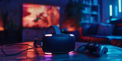 Modern Virtual Reality Gaming Setup with Controller and Blue Neon Lighting
