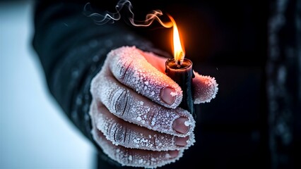 Close-up of a frozen hand covered in frost and ice crystals, desperately holding a small, burning black candle or lighter in the cold winter air, concept of survival, despair, and warmth.