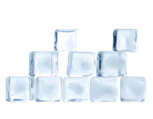 Stack of clear, cube-shaped frozen water blocks on black, isolated