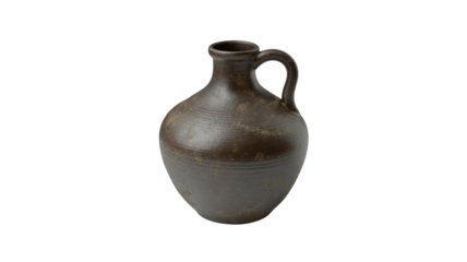 Dark brown ceramic jug with handle on white background, earthy tones, pottery, vase, rustic, antique style, home decor