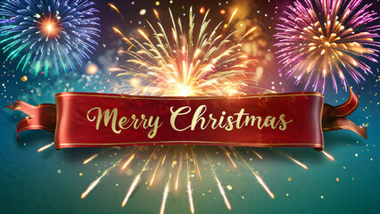 Merry Christmas banner with colorful firework background. Season greeting.
