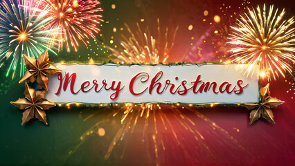 Merry Christmas banner with colorful firework background. Season greeting.