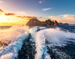 View from a boat at sunset, with waves and a rocky island